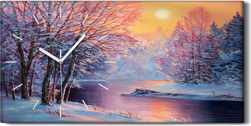 Dekor Leinwand Uhr Wandbild 60x30 Malerei Winter Schnee Fluss Bäume Sonne Natur - weiße Hände