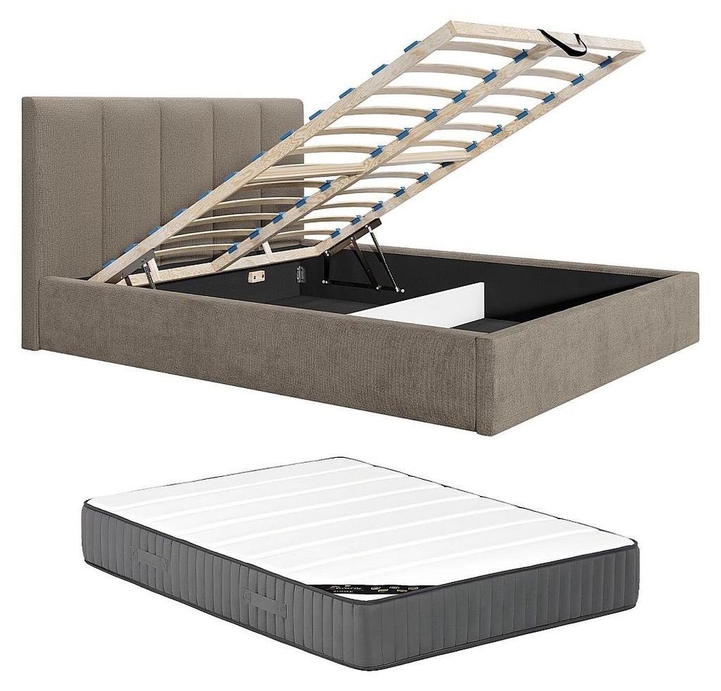 Bett mit Stauraum 200 x 200 cm mit Kopfteil mit vertikalen Nähten – Stoff – Taupe – Mit Matratze – KILACLO