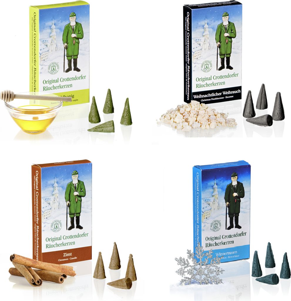 Crottendorfer - 4er Set Räucherkerzen Weihnachtlicher Weihrauch / Wintertraum / Zimt / Honig - Inhalt jeweils 24 Stück, Größe M (Standard)