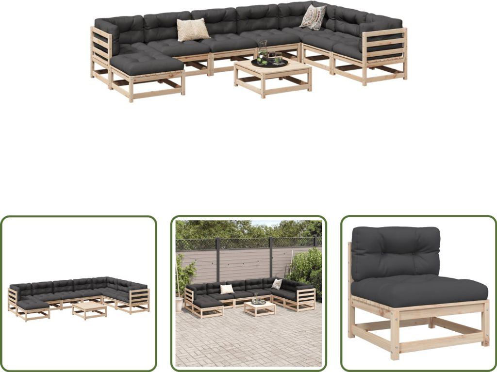 The Living Store 9-tlg. Garten-Sofagarnitur mit Kissen Massivholz Kiefer