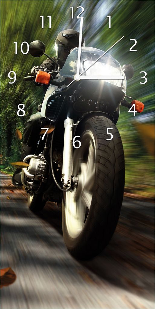 Wallario Design Wanduhr Fahrendes Motorrad im Wald mit Herbstlaub aus Echtglas, Größe 30 x 60 cm