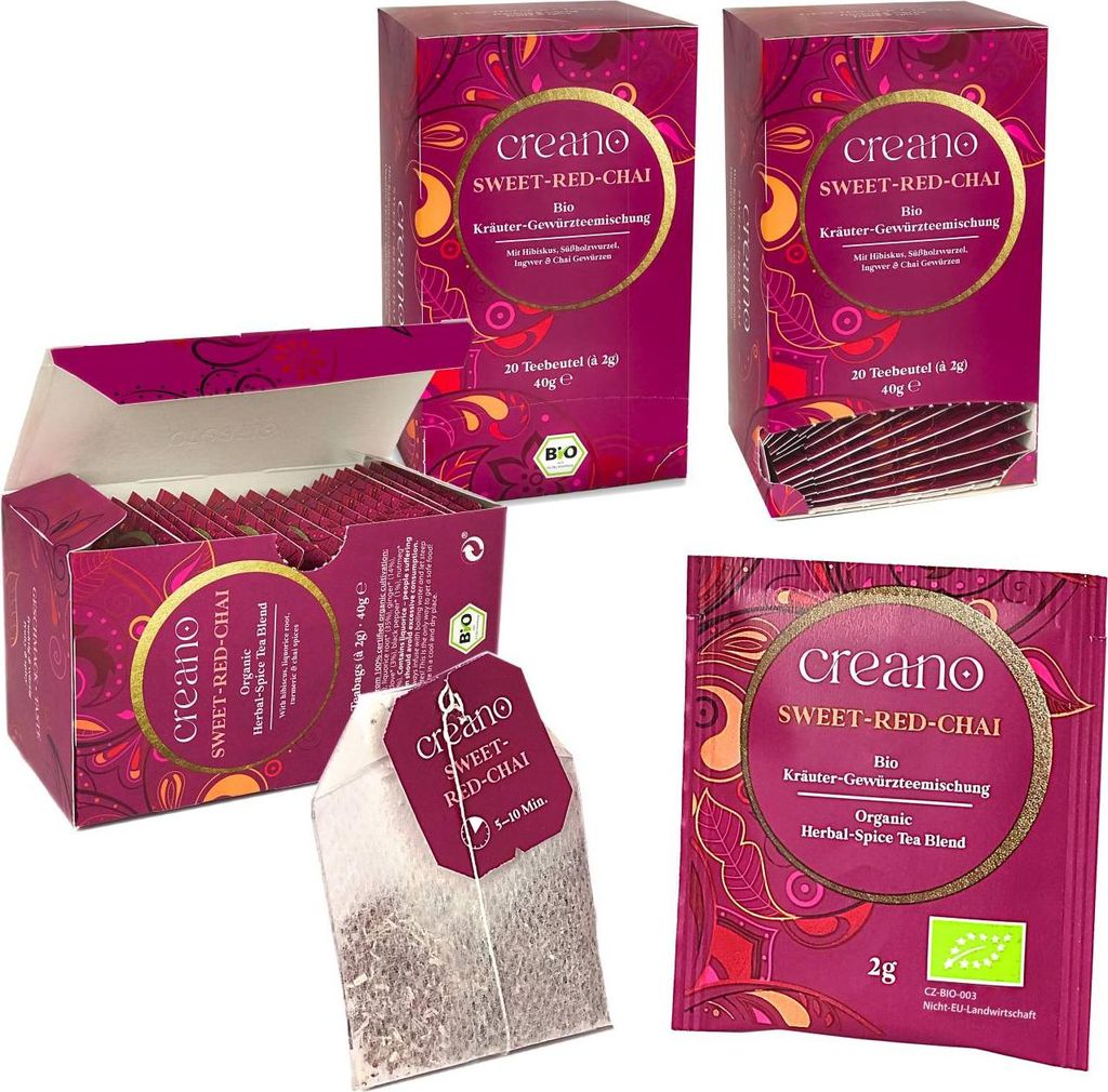 Creano Tee SWEET-RED-CHAI, Kräuter-Gewürzteemischung, Teebeutel-Tee 3er Pack (3x 20 Beutel) *²