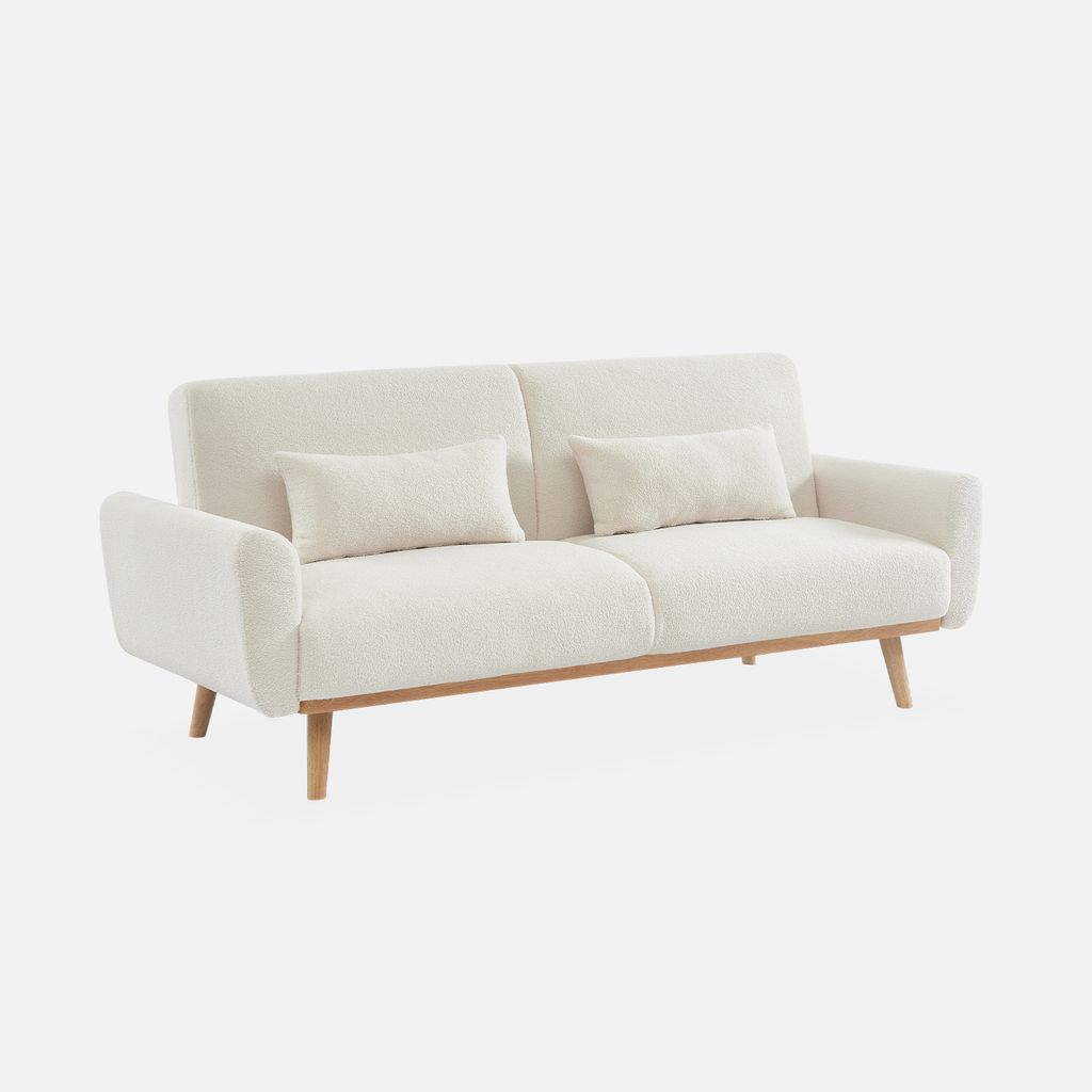 sweeek - 2-3-Sitzer Sofa mit Bouclé-Bezug Schlaffunktion und Holzbeinen - Creme