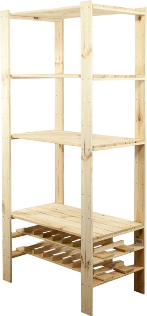 Holzregal WOODLAND | HxBxT 166x80x50cm | Fachlast 120kg | 4 Fachboden + 2 Flaschenebenen | Kiefernholz | Natur