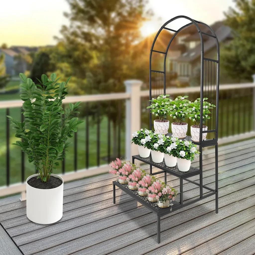 Support pour plantes à étages avec arche décorative en métal inoxydable