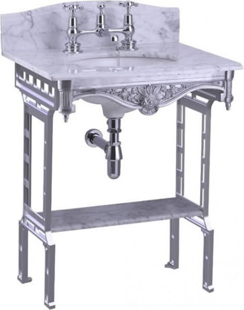 Casa Padrino Luxus Jugendstil Stand Waschtisch Weiß / Aluminium mit Marmorplatte mit Spritzschutz hinten und Ablage Barock Waschbecken Barockstil ...