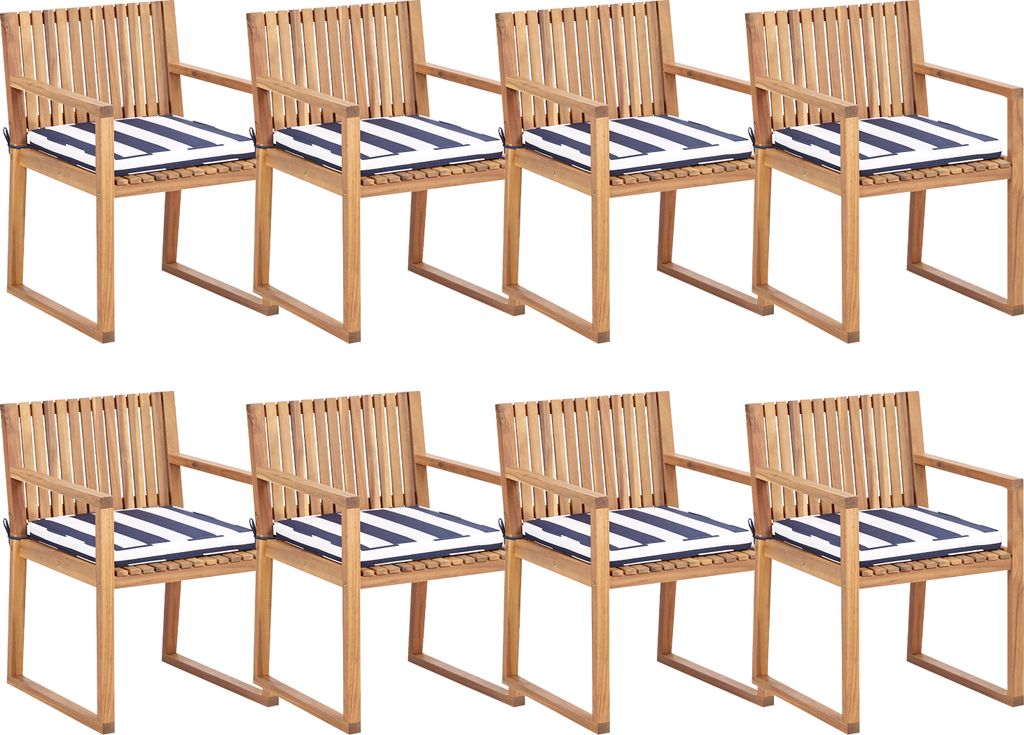 BELIANI Gartenstuhl 8er Set Hellbraun es Akazienholz mit Sitzkissen Marineblau Armlehnen Lamellen-Optik Holzkufen Rustikal Holzstuhl
