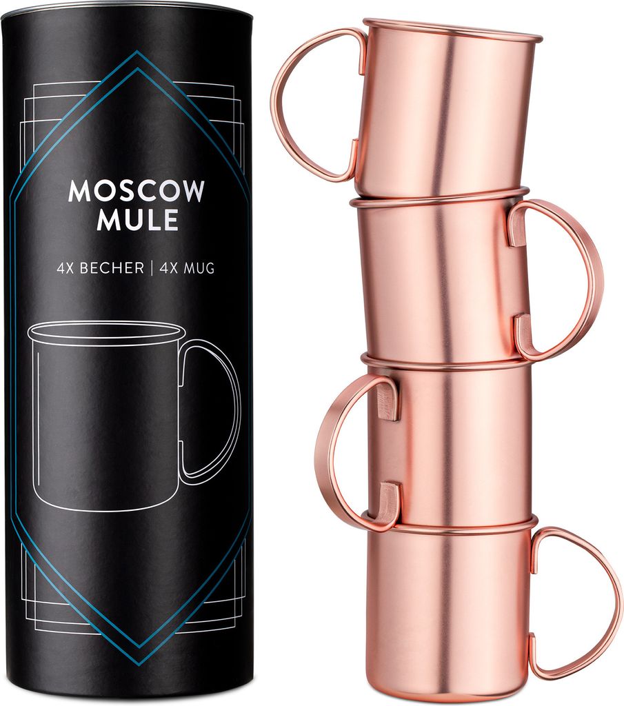 Navaris Moscow Mule Becher 4er Set - 4x Kupferbecher für Moskau Mule Gin Bier - Cocktail Mug Mule-Becher glatt - Tasse aus Edelstahl mit Kupfer