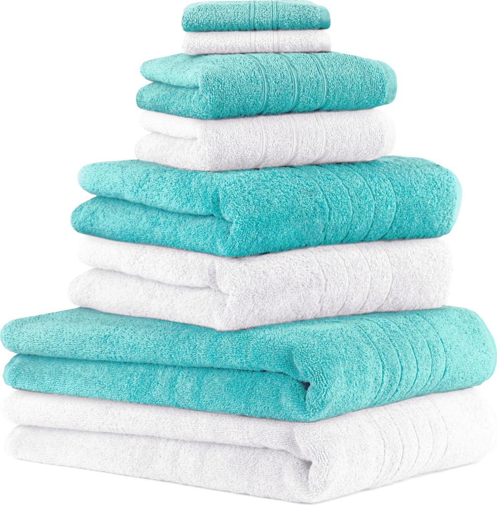 Betz 8-tlg. Handtuch-Set DELUXE 2 Badetücher 2 Duschtücher 2 Handtücher 2 Seiftücher 100% Baumwolle Farbe: weiß und türkis