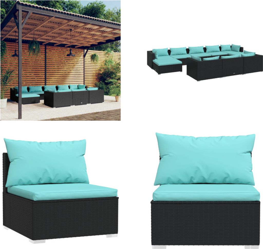 vidaXL 10 tlg. Garten Lounge Set mit Kissen Schwarz Poly Rattan - Garten-Lounge-Set - Garten-Lounge-Sets - Terrassen-Lounge-Set - Garten-Sofagarnitur