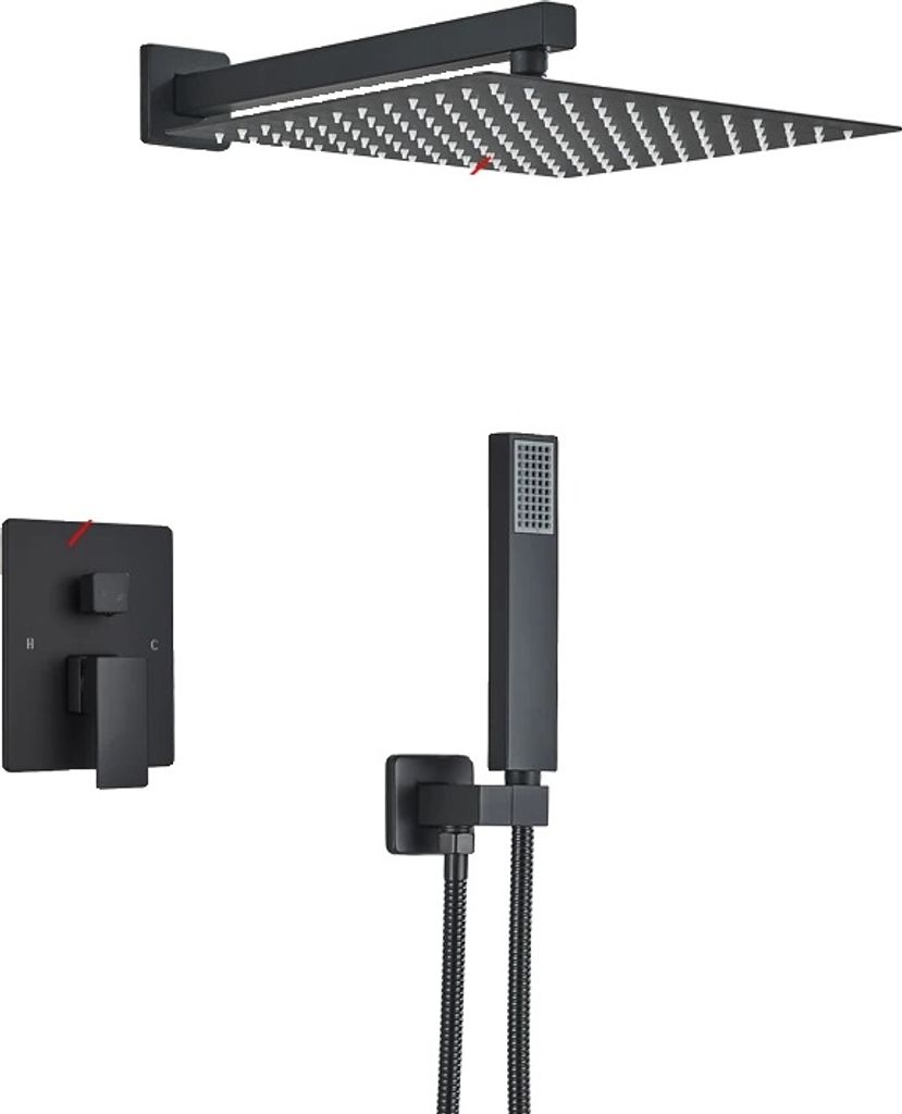 Armaturenset, verdeckt wandmontiert, Wasserfall-Duschsystem, Matte Schwarz-12inch