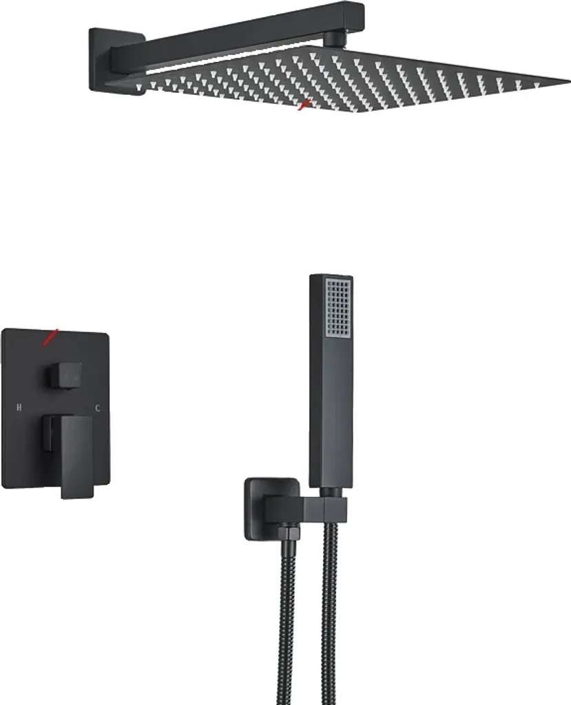 Set di miscelatori per doccia a parete, stile contemporaneo, meccanismo a doppio comando, nero opaco 30 cm