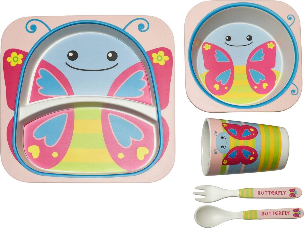 5-tlg. Kinderset mit Schmetterlingsmotiv Teller, Schale, Produktbild 