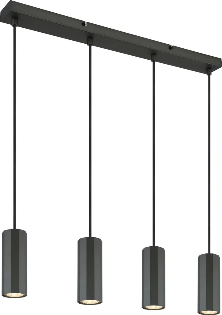 A linear pendant light fixture with four cylindrical shades.