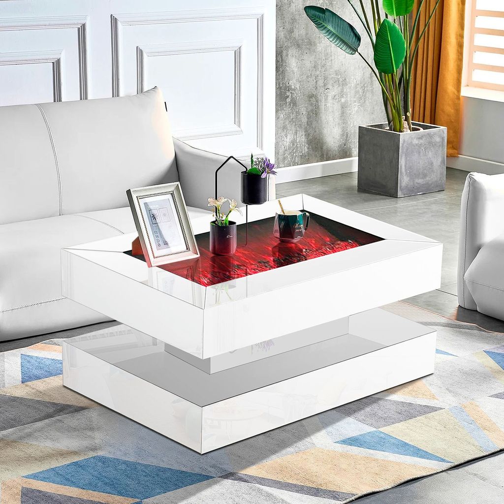 Couchtisch für Wohnzimmer, LED , Klarglas, moderner Mitteltisch, Hochglanz moderner Couchtisch mit LED - Licht 140 cm mit Flamme Animation Weiß