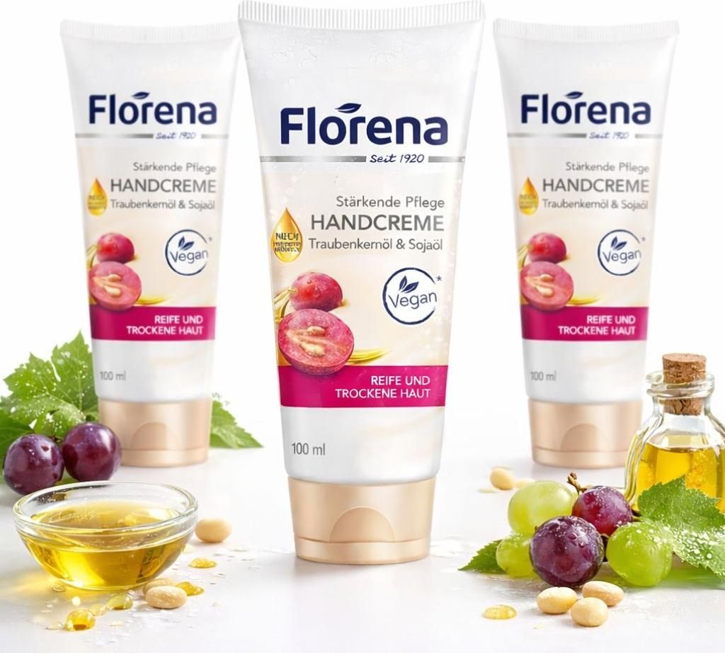 3x 100 ml Florena Handcreme Traubenkernöl & Sojaöl