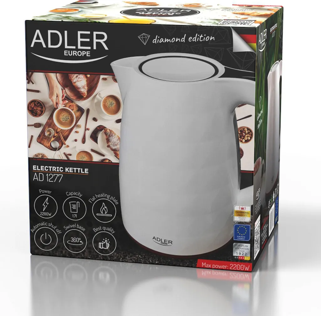 Bouilloire Anti-Calcaire 1,7 L Adler 2200W : Silence et Sécurité Blanche