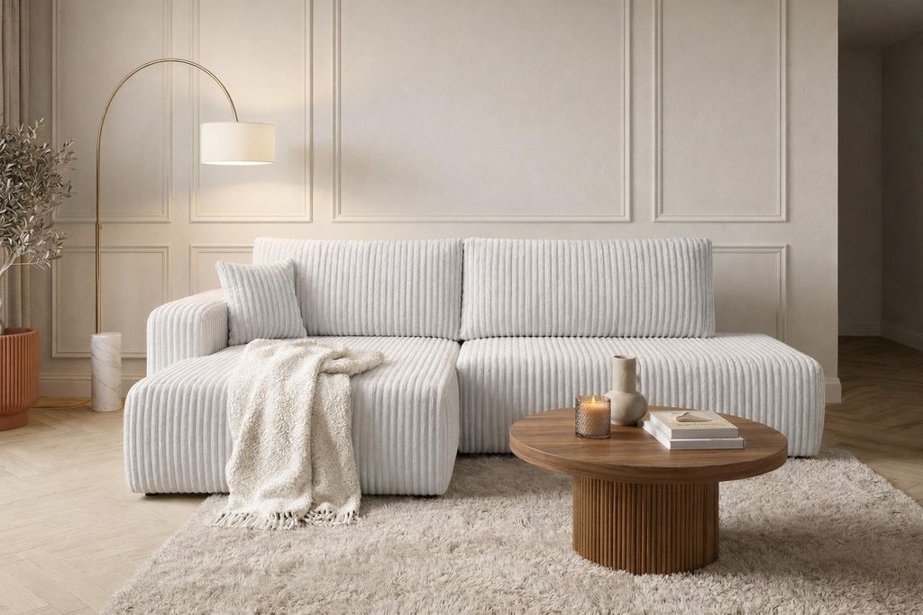 Kaiser Möbel Ecksofa mit Schlaffunktion und Bettkasten, Cordstoff Tilia, Grau, Links, OPEN XL