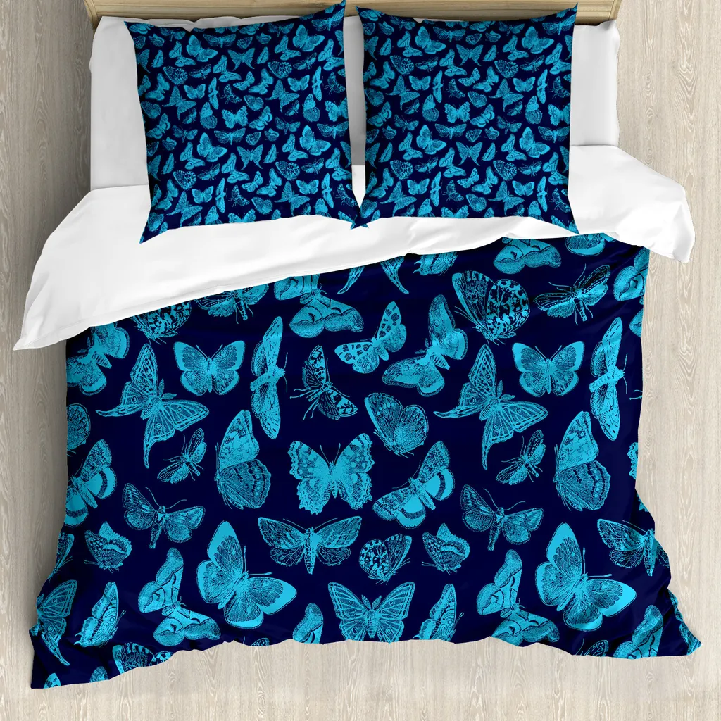 ABAKUHAUS Copripiumino Indigo, farfalle disegnate a mano, antiacaro, adatto a chi soffre di allergie, con federe, 155 cm x 220 cm - 80 x 80 cm, azzurro e blu scuro