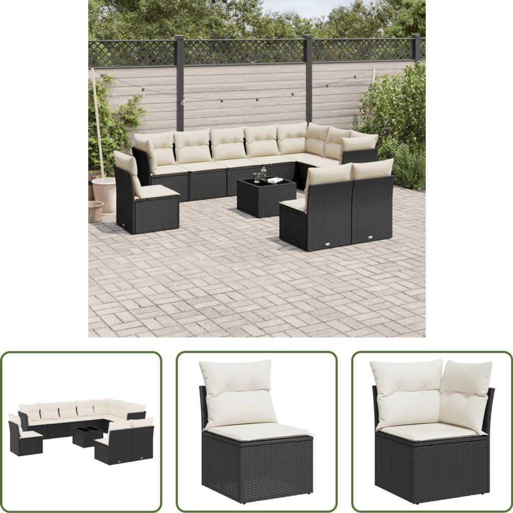 The Living Store 11-tlg. Garten-Sofagarnitur mit Kissen Schwarz Poly Rattan