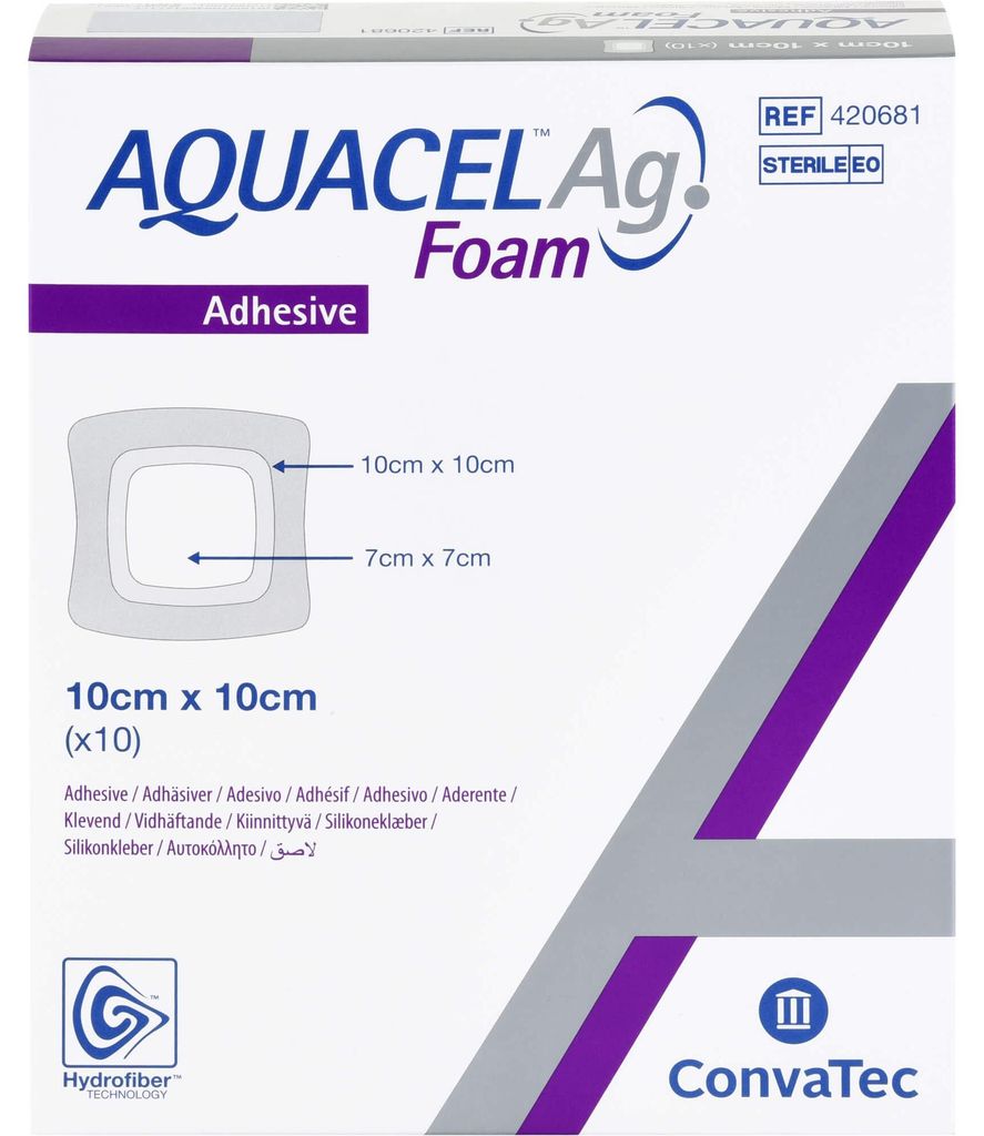 Aquacel Ag Foam adhäsiv 10x10 cm Verband 10 St