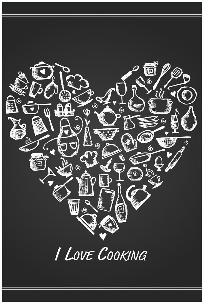 Wallario Premium Glasbild, freischwebende Optik, kräftige Farben, Größe 90 x 60 cm Motiv I Love Cooking - Herz aus Küchenutensilien in schwarz ...