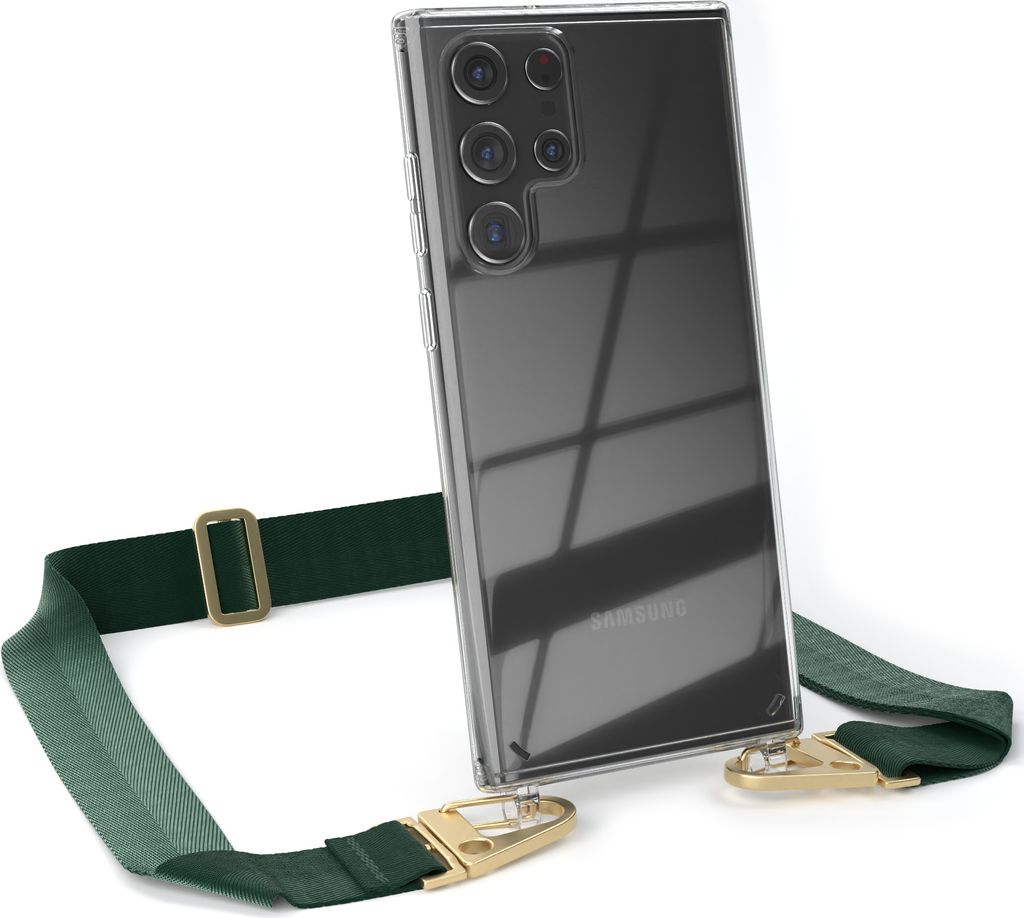 EAZY CASE - Hülle mit Band für Samsung Galaxy S22 Ultra 5G, Handyhülle mit Umhängeband, Silikonhülle transparent, Handykette in Grün