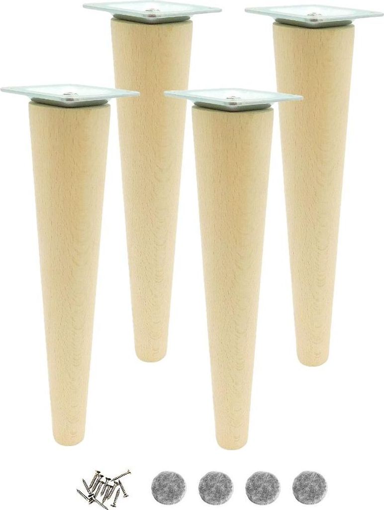 A set of four wooden furniture legs with silver mounting plates and screws, along with felt pads, arranged against a white background.