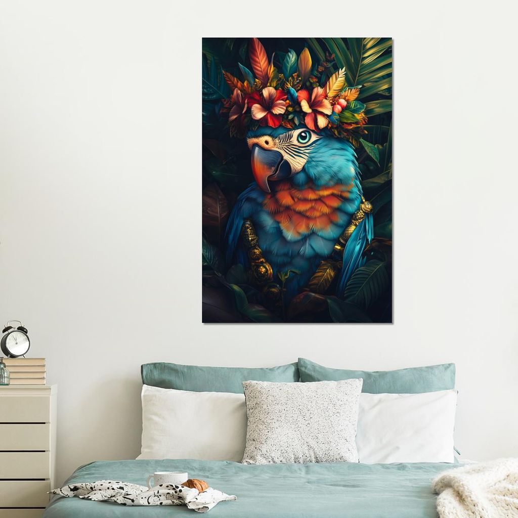 MuchoWow Wanddekoration Metall Metallbild Wandkunst 100x150 cm Papagei - Vogel - Bunt - Blumen - Blätter MuchoWow Aluminium Gemälde - Bild