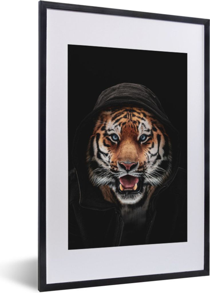 MuchoWow MuchoWow Gerahmtes Poster Tiger - Schwarz - Blau 40x60 cm - Poster mit zchwarzem Bilderrahmen - Poster in Rahmen