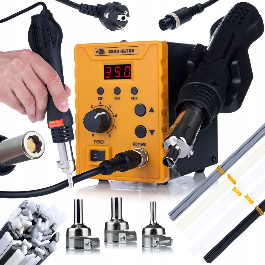 Rosfix Set 858D Ultra Heißluftstation – 700W, 100–500°C, LED-Display, 3 Speicher | 50 Kunststoff-Schweißstäbe PP/PE/ABS/PVC