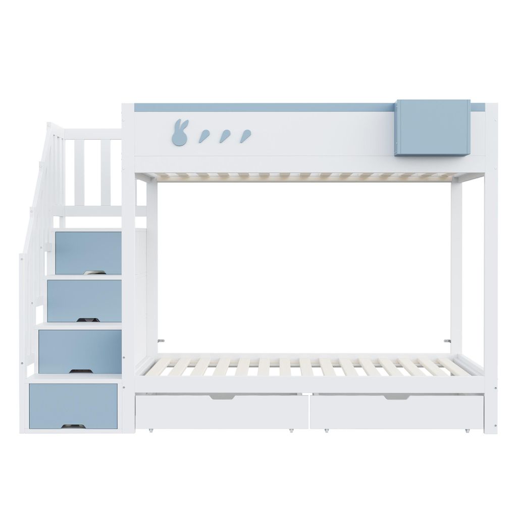 Etagenbett Kinderbett 90*200 cm, Mit Kaninchen- und Karottenmotiven, Abnehmbarem Ablagefach, Sicherer Aufbewahrungsleiter, Schubladen, Lattenrost, ...