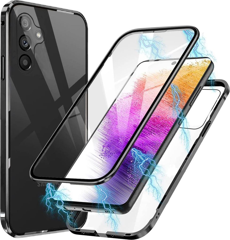 Conie Rundum Schutzhülle für Samsung Galaxy A34 5G Aluminium Case Glas Front- und Rück- Seite Schutz Cover Hülle in Schwarz / Transparent