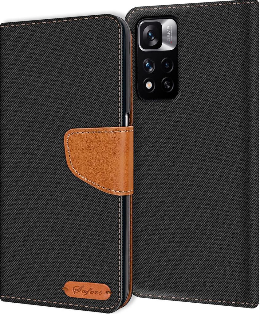 A black flip case for a smartphone is shown open, revealing the phone's camera module.