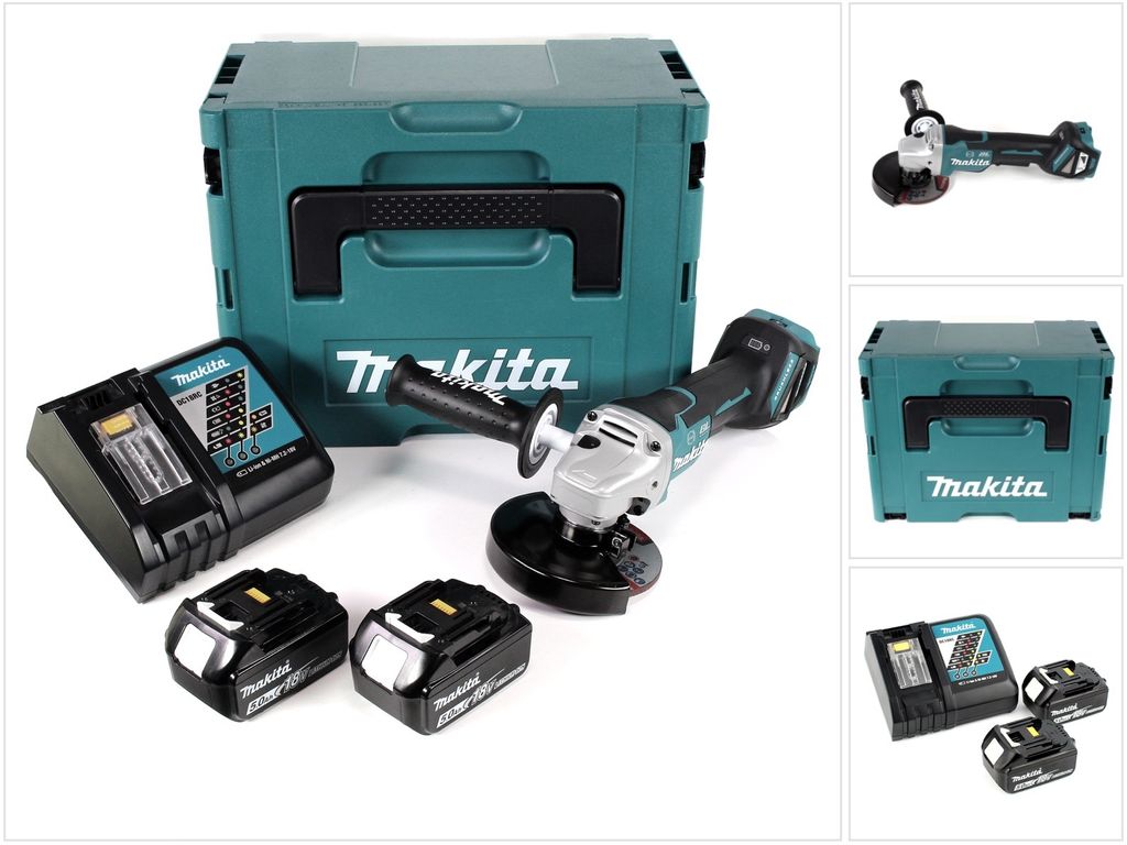 Makita DGA 517 RTJ Akku Winkelschleifer 18 V 125 mm Brushless + 2x Akku 5,0 Ah + Ladegerät + Makpac