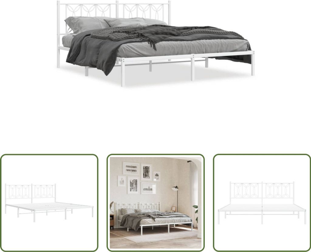 The Living Store Bettgestell mit Kopfteil Metall Weiß 180x200 cm