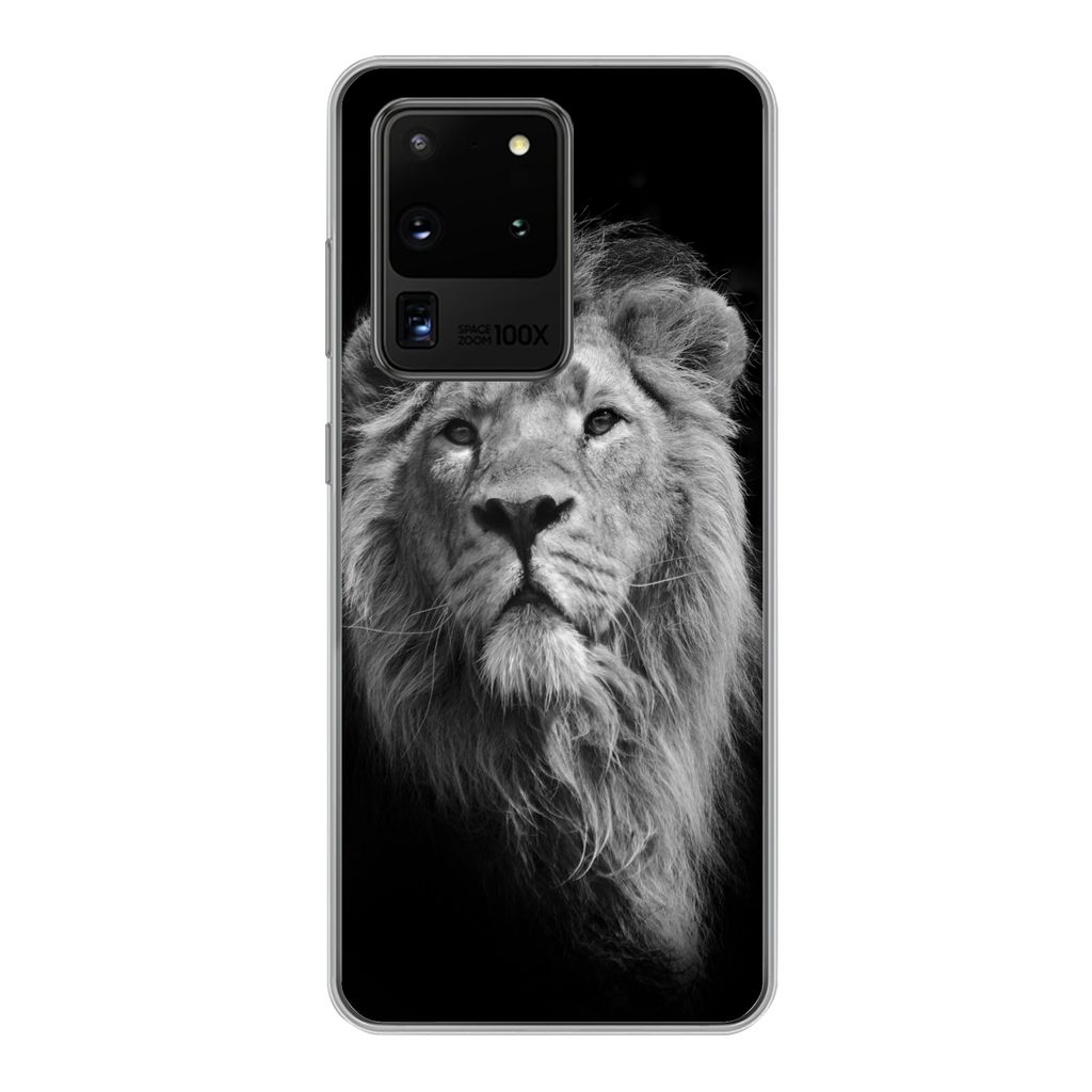 MuchoWow Handyhülle Schutzhülle Hülle für Samsung Galaxy S20 Ultra Asiatischer Löwe vor schwarzem Hintergrund in Schwarz und Weiß Silikon S...
