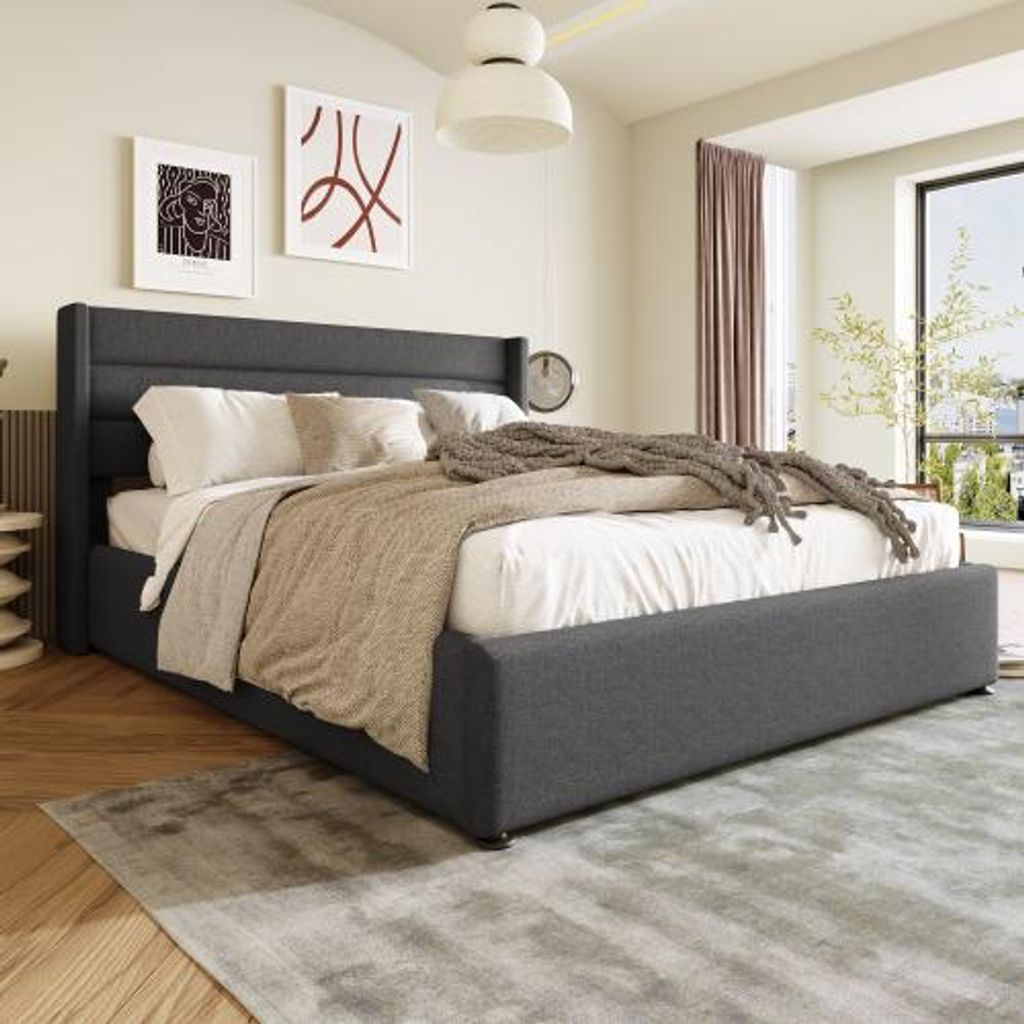 Bequemes hydraulisches Stauraumbett mit gepolstertem Kopfteil, Leinenbezug und robustem Design. Ideal für Schlafzimmer. Beige oder Grau, 160x200 cm