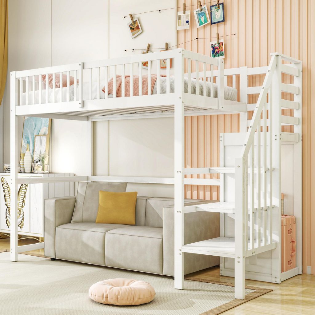 A white loft bed with a desk and sofa underneath, decorated with photos on the wall.