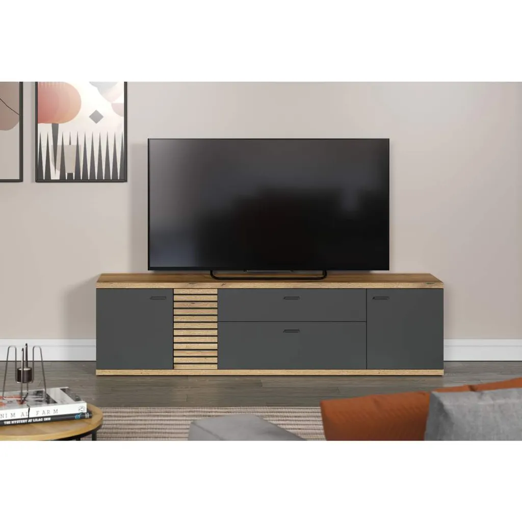 Meuble TV Norris pour Salon Gris et Chêne - Support Écran Plat avec Niches