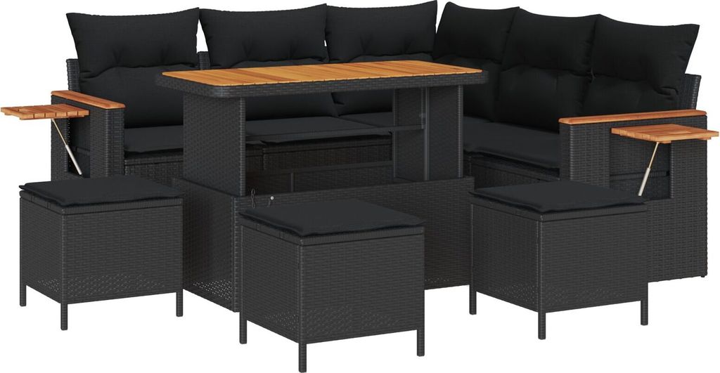 Möbel 9-teiliges Garten Sofaset mit Kissen Schwarz Poly Rattan Akazie, 4-teiliges Garten Essset mit Kissen Schwarz Poly Rattan Akazie - Gartensofa...