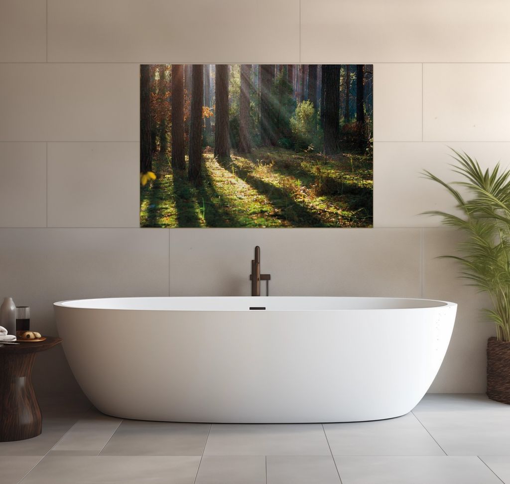 Wallario wasserfestes Poster selbstklebend 70 x 100 cm, Sonnenstrahlen im Herbstwald, Badezimmerposter Spritzschutz mit Hochglanzoberfläche in Gla...