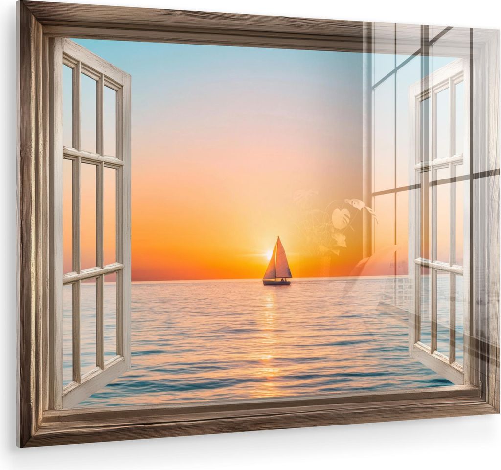 MuchoWow Glasbilder - Bilder auf Wandbild - Foto auf Glas Transparenter Blick - Meer - Boot - Sonnenuntergang 80x60 cm Wanddekoration aus Glas - Ac...
