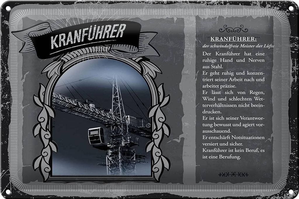 Blechschild Berufe 30x20cm Kranführer Meister der Lüfte
