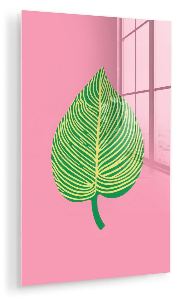 MuchoWow Glasbilder - Bilder auf Wandbild - Foto auf Glas Illustration - Blatt - Minimalistisch - Grün 60x90 cm Wanddekoration aus Glas - Acrylgla...