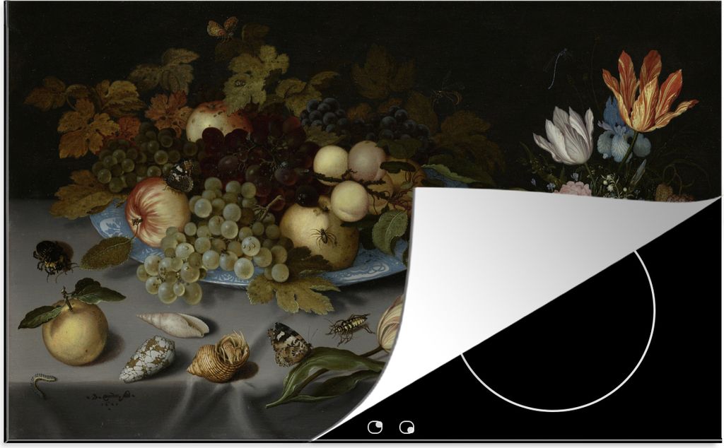 KitchenYeah Herdabdeckplatte Stilleben mit Obst und Blumen - Gemälde von Balthasar van der Ast , 90x52cm, Küche Deko, Glaskeramikkochfeld Herda...