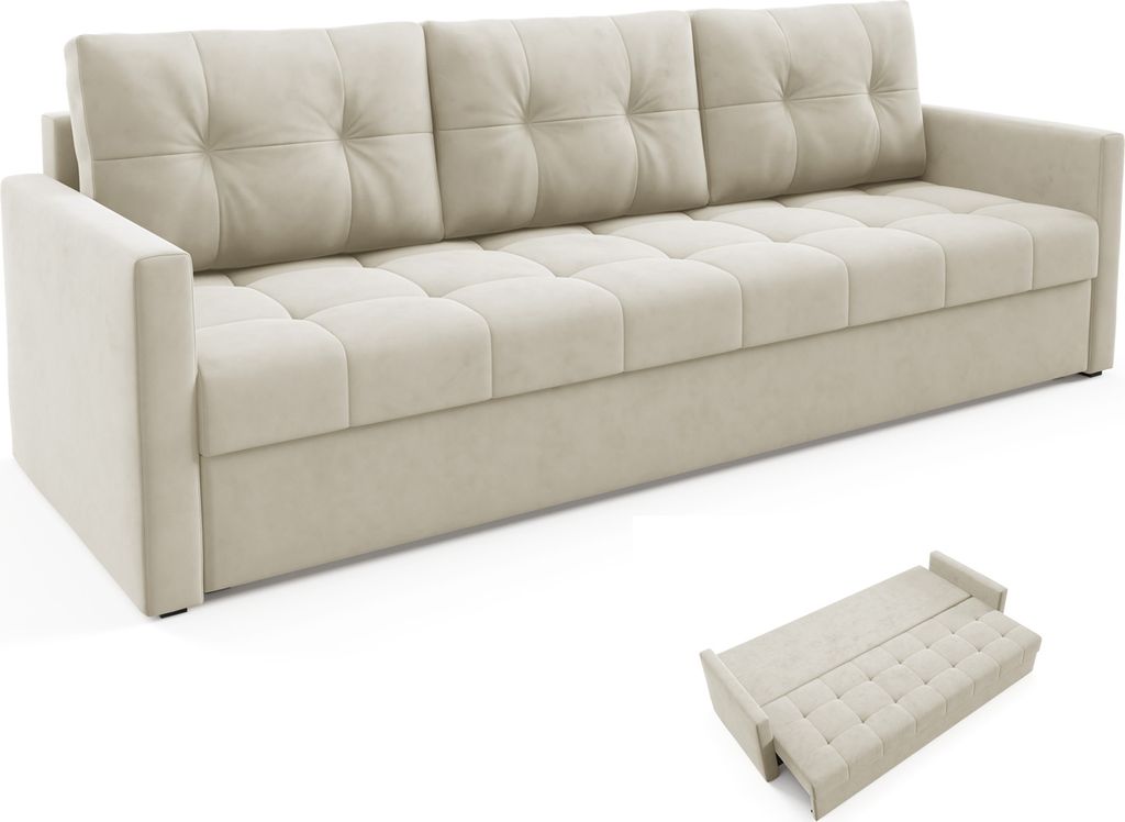 BETTSO Elegantes OLIVIA Sofa 230 cm mit Schlaffunktion gesteppt Beige + bonell
