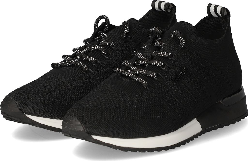 A pair of black sneakers with white soles and laces, shown from a slightly elevated side angle against a white background.