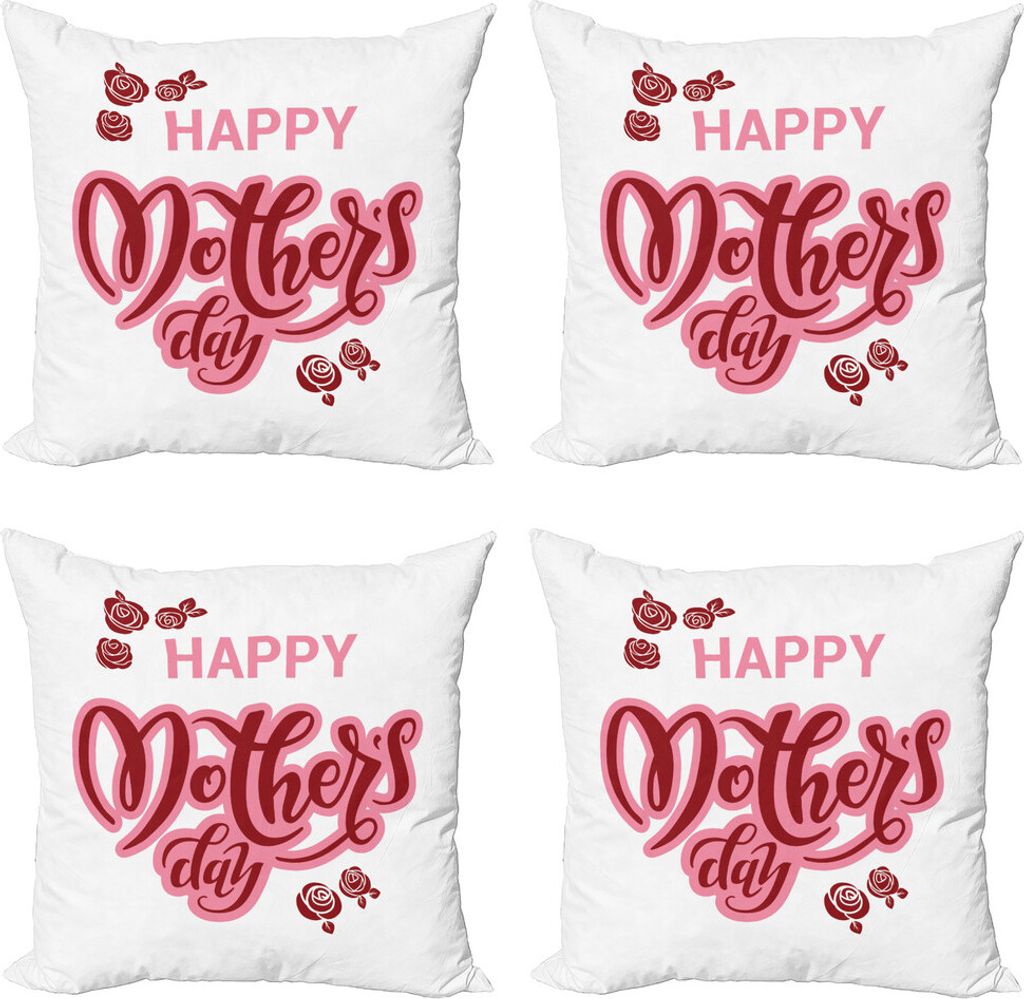 ABAKUHAUS Sprichwort Kissenbezug Set (4 Stück), Happy Mothers Day Roses, Moderner Doppelseitiger Digitaldruck, 50 cm x 50 cm, Pale Pink Rubin Weiß