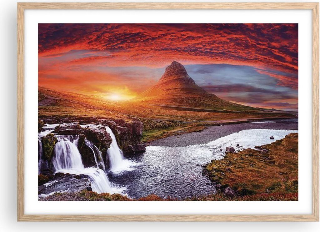 Gerahmtes Poster - Rahmen in heller Eiche - Kirkjufell Wasserfall Berg - 70x50 cm - Wand Bild - Wanddeko - Wandbilder - Kunstposter - Wandposter - ...